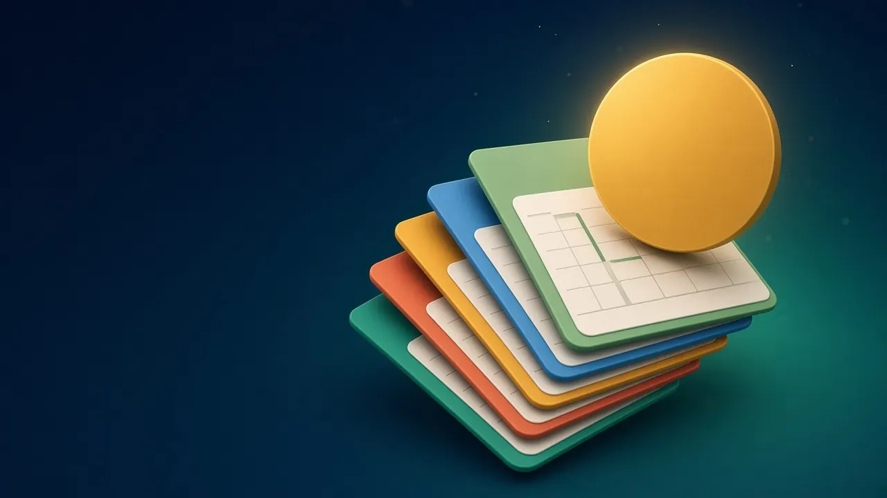 Five spreadsheet sheets fanned out with a gold coin on top